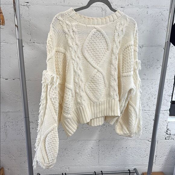 Cozy Cream Cable Knit Sweater - Line & Dot - Size Small Fringe Pullover - NWOT - Picture 1 of 4